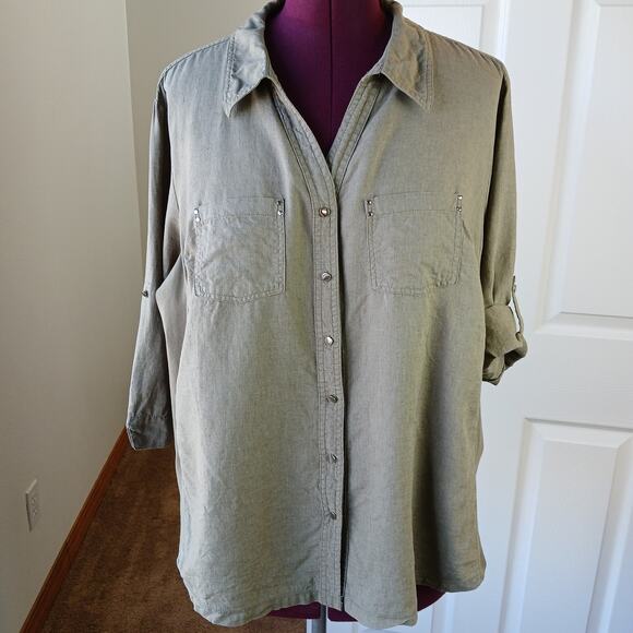 Cathy Woman Khaki Green Blouse 3X button front roll tab sleeves repaired linen - Picture 5 of 14